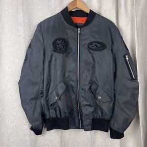 American Stitch pilot's bomber jacket patches ruched gray nylon full zip varsity